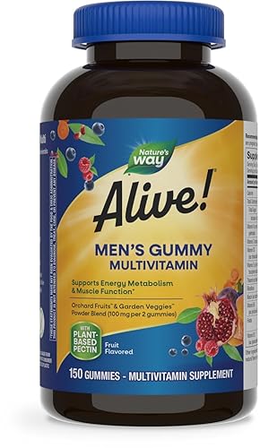 Nature's Way Alive! Men's Daily Gummy Multivitamin, Supports Energy Metabolism & Muscle Function*, B-Vitamins, Gluten-Free, Vegetarian, Fruit Flavored, 150 Gummies (Packaging May Vary) - 150 Count (Pack of 1)
