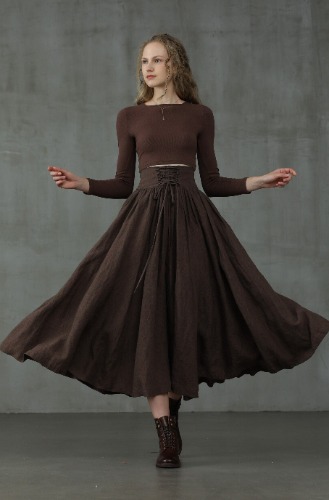 Tea Dance 5 | Lace-up Maxi Linen Skirt | SaddleBrown / XS