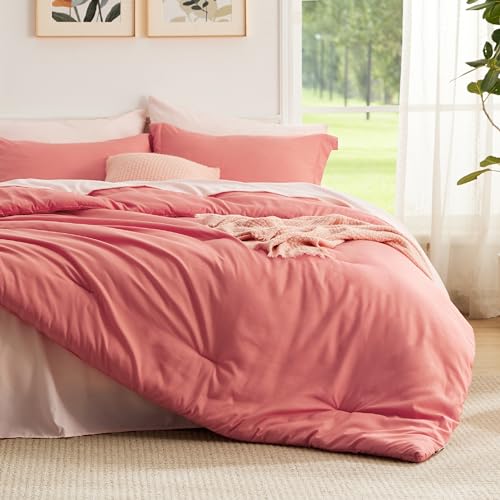 Bedsure Twin Comforter Set Coral, 5 Pieces Lightweight Twin Bedding Sets Boho, Bed in a Bag with Comforter, Sheets, Pillowcase & Sham - Twin - Coral