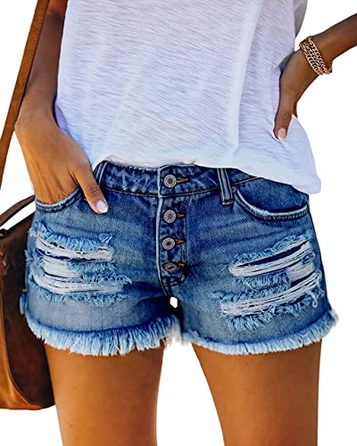 MEMVU Women's Mid Rise Ripped Stretchy Jeans Shorts Frayed Raw Hem Casual Denim Shorts - Small - 01-dark Blue