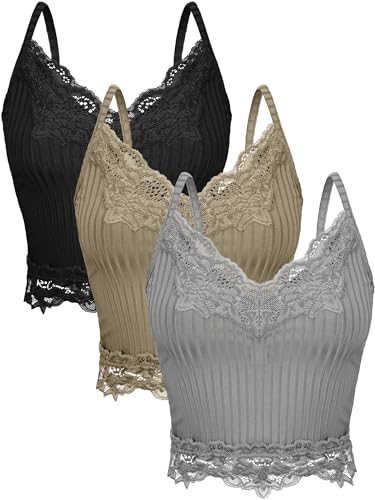 3 Pcs Women's Lace Tank Tops Y2k Camisole Tops Lace Patchwork Crop Tops Grunge Style Ribbed Knitted Tank Tops - Small - Light Gray, Brown Green, Black