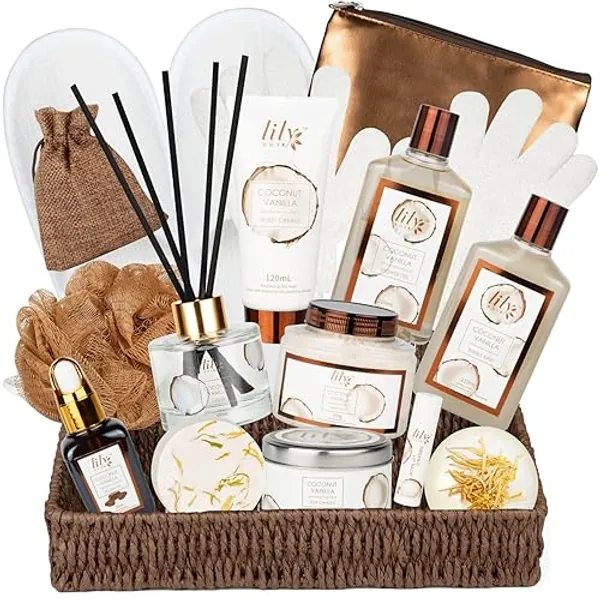 17 Pcs Bath and Body Gift Basket Set for Women Men Spa Gift Basket Set for Women Fathers Mothers Day Spa Gift Set Bath Gift Set for Christmas Birthday Gifts Spa Kit Spa Set Bath Set for Mom - Coconut Vanilla
