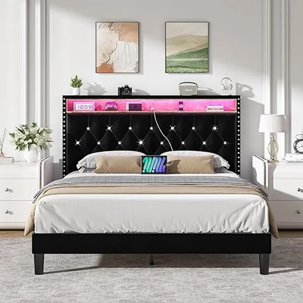 HOMBCK Full Size Bed Frame with LED Lights, Velvet Upholstered Bed with Charging Station and Storage Headboard, Modern Bed Frame with Diamond Design, No Box Spring Needed, Easy Assembly, Black - Black - Full