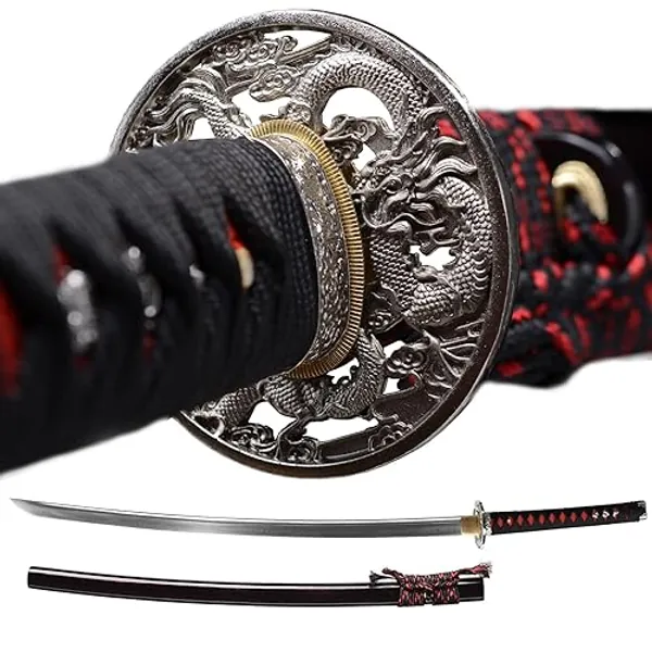 YONG XIN SWORD-Samurai Katana Sword, Japanese Handmade, Practical, Damascus/1060/1095 Carbon Steel, Tempered/Clay Tempered, Full Tang, Sharp, Scabbard - Silver red