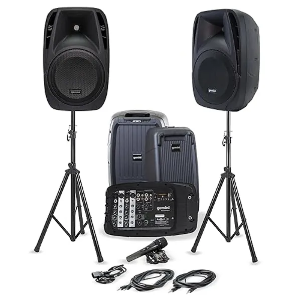 Professional PA System with 8-Channel Mixer - Gemini Sound Portable Dual 10" Speakers, 600W Amp, Bluetooth, USB/SD, Includes 2 Speaker Stands, Mic, and Durable Design for DJs, Musicians, and Events - With Stands