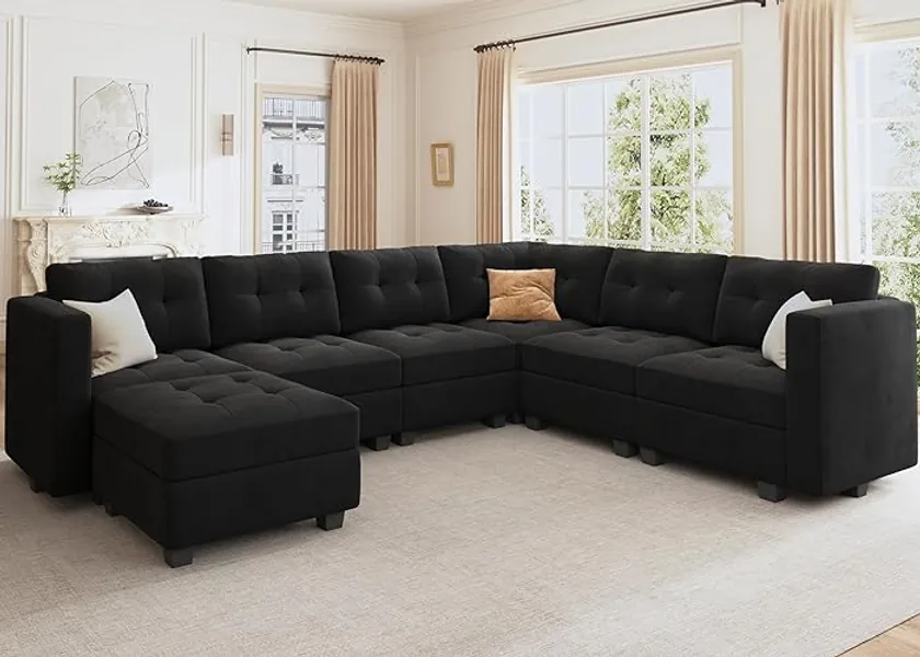 HONBAY Modular Sectional Sofa Oversized U Shaped Couch with Storage Seat Velvet 7-Seat Modular Sofa with Reversible Chaises,Velvet Black - Black - sofa-2