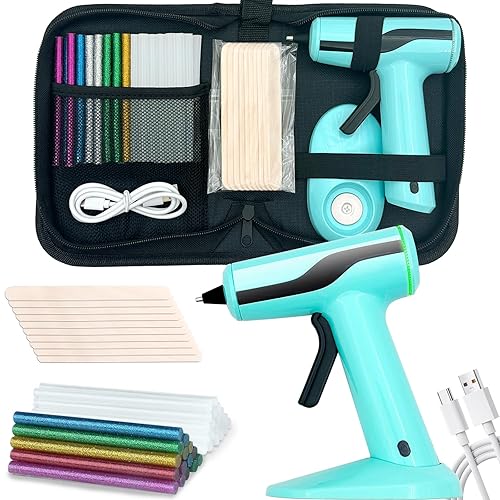 Cordless Hot Glue Gun, Rechargeable Hot Melt Glue Gun 2Ah Built-in Battery Smart Power-Off, Mini Glue Gun Kit with 30pcs Premium Glue Sticks, 10pcs Wood Craft Sticks, Case for DIY, Arts&Crafts - Cyan Cordless