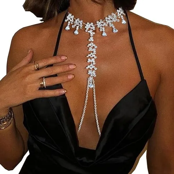 Rhinestone Noose Nipple Ring Chain with Necklace Adjustable Non Piercing Nipple Ring Rave Body Accessories Jewelry