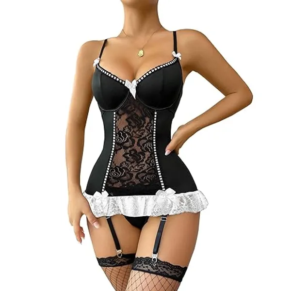 Lilosy Sexy Bows Lace Babydoll Lingerie Set with Panty