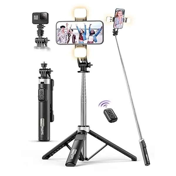 53'' Selfie Stick Tripod with Light, Extendable Selfie Stick with Remote, Portable Cell Phone Tripod Stand with All in 1 Phone Clip, Lightweight Camera Tripod Compatible with iPhone 15 14 13, Android