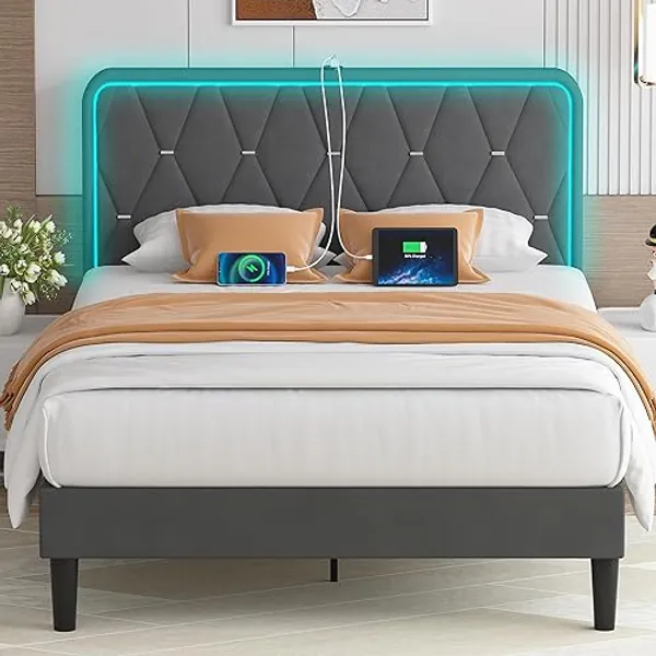 VECELO Upholstered Queen Bed Frame with Headboard Adjustable, Velvet Platform Bed with LED Lights, Charging Station, Mattress Foundation with Wooden Slats, Noise Free, No Box Spring Needed, Dark Grey