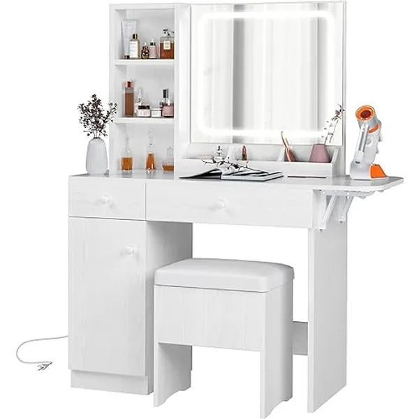 IRONCK Vanity Desk with LED Lighted Mirror &amp; Power Outlet, Makeup Table with Drawers &amp; Cabinet,Storage Stool,Dressing Table for Bedroom, White