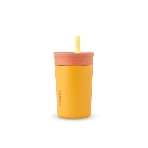 Owala Kids Insulation Stainless Steel Tumbler with Spill Resistant Flexible Straw, Easy to Clean, Kids Water Bottle, Great for Travel, Dishwasher Safe, 12 Oz, Peach and Yellow (Picnic) - Picnic