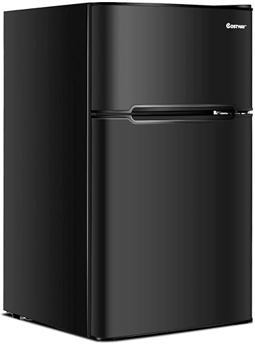 COSTWAY Compact Refrigerator, 3.2 cu ft. Unit 2-Door Mini Freezer Cooler Fridge with Reversible Door, Removable Glass Shelves, Mechanical Control, Recessed Handle for Dorm, Office, Apartment (Black) - Black