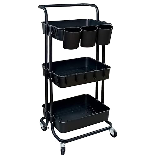 Freletry 3 Tier Rolling Utility Cart Multifunction Storage Organizer Shelf Rack with Lockable Wheels 3PCS Cups and 8PCS Hooks for Home Office Kitchen Bathroom Store (Black) - Black