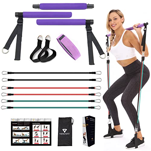 VENUSFIT Pilates-Stangen-Set mit 6 Stäbchen, Körperformung mit verstellbarem elastischem Widerstandsband, für Yoga, Stretching, Skulptur, Kniebeugen, Training im Fitnessstudio, 90 Pfund - Violett