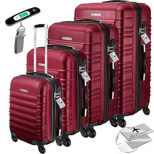 KESSER® 4tlg. Hartschalenkofferset Hard Shell Basic Hartschalenkoffer Trolley Koffer Reisekoffer Reisekofferset Gepäck Rollkoffer Schloss 4 Rollen ABS-Hartschale Teleskopgriff S-M-L-XL - Bordeaux
