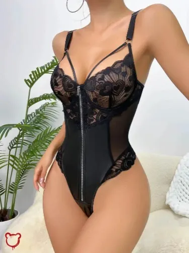 Sexy Black Lace Zipper Bodysuit - BLACK / L