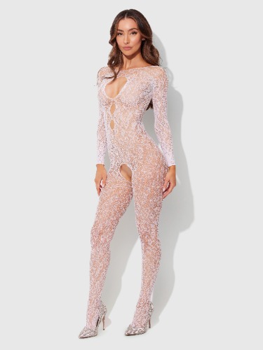 Leopard Full Body Long Sleeve Bodystocking | White / OS