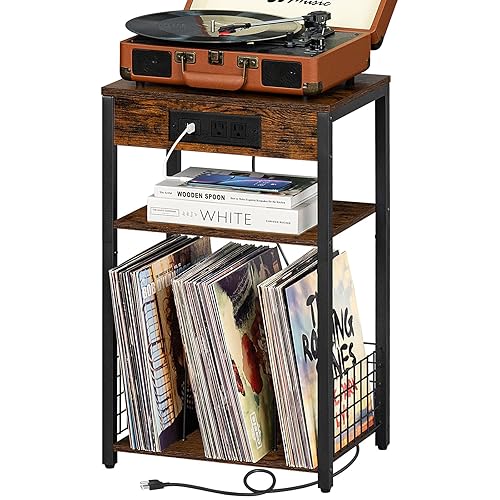 LELELINKY End Table with Charging Station, Brown Nightstand with USB Ports and Outlets,3 Tier Record Player Stand with Vinyl Storage Shelf, Sofa Couch Side Tables for Living Room Bedroom Small Spaces - Rustic Brown