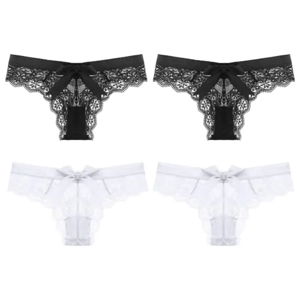 Women Lace Bow Thongs,T Back Low Waist Panties Sexy V-Shape Design Floral Lace, Breathable Panties Undies for Women 3-Pack