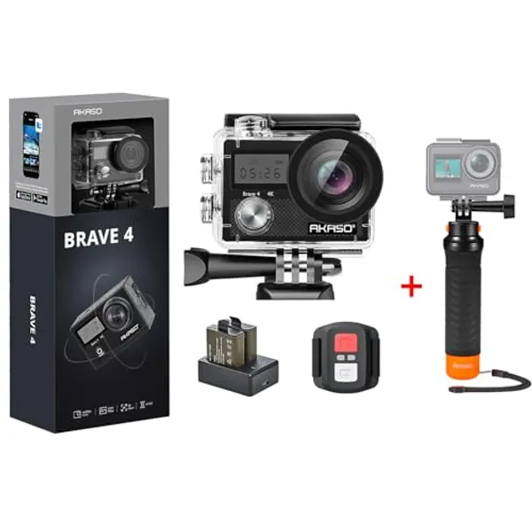 AKASO Brave 4 Action Camera 4K 30fps Ultra HD WiFi Sport Cameras with Waterproof Floating Hand Grip Bundle