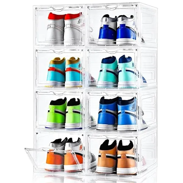 Clemate Upgraded X-Large Shoe Storage Box,8 Pack,Shoe Box Clear Plastic Stackable,Drop Front Shoe Box with Clear Door,Shoe Organizer and Shoe Containers For Sneaker Display,Fit up to US Size12 - Clear-8P