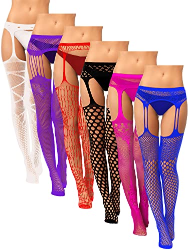 6 Pairs Women Fishnet Thigh High Stockings Tights Suspender Pantyhose Stockings - One Size - White, Purple, Bright Red, Black, Rose, Navy Blue