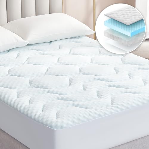 EHEYCIGA Memory Foam Mattress Topper Double Bed, Gel Mattress Pad with Extra Deep Pocket, Breathable Mattress Cover, 135x190x3cm, White - Double - White