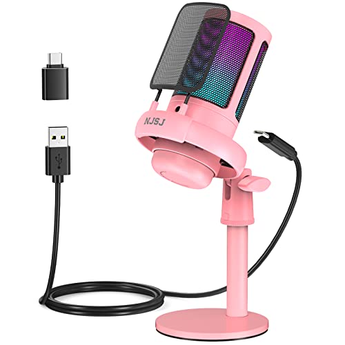 NJSJ Gaming Microphone, USB Microphone for PC/ PS4/ PS5/ Mac/Phone, Condenser Mic with Touch Mute, Brilliant RGB Lighting, Gain knob & Monitoring Jack for Recording, Streaming, Podcasting (Pink) - Pink
