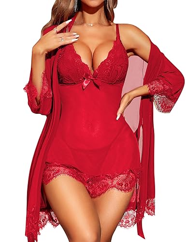 RSLOVE Sexy Lingerie for Women Lace Babydoll with Robe Nightdress Sleepwear - XXL - Red