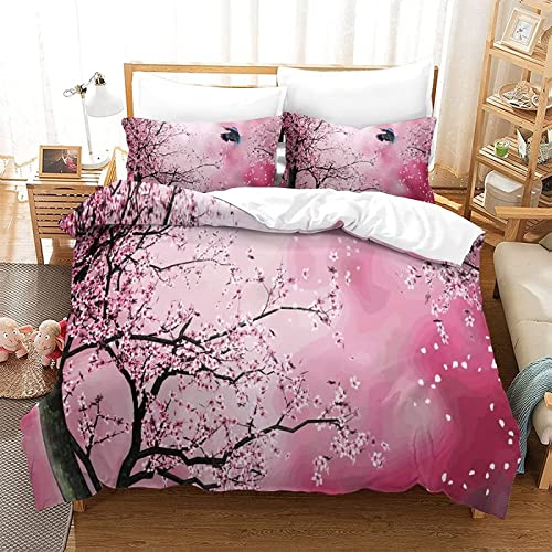 SEYUMI Cherry Blossoms Duvet Cover Double 3D Printed Soft Comfy Microfiber Tree Bedding Sets Flowers Quilt Cover 200x200 cm + 2 Pillowcases 50x75 cm with Zipped - Double