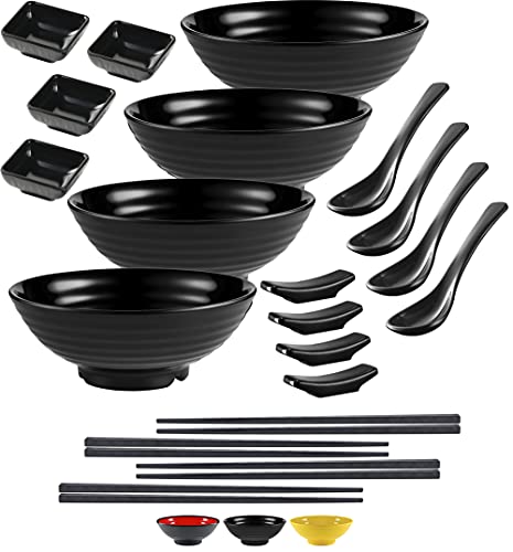 Practimondo 4 Noodle Bowls Set - large 32oz Ramen Bowl Set for authentic Asian Cuisine - with Dipping Bowls, Spoons, Chopsticks & Chopstick Stands. Enjoy Thai Miso Udon Wonton (4 Bowl Set, Black) - 4 Bowl Set - Black