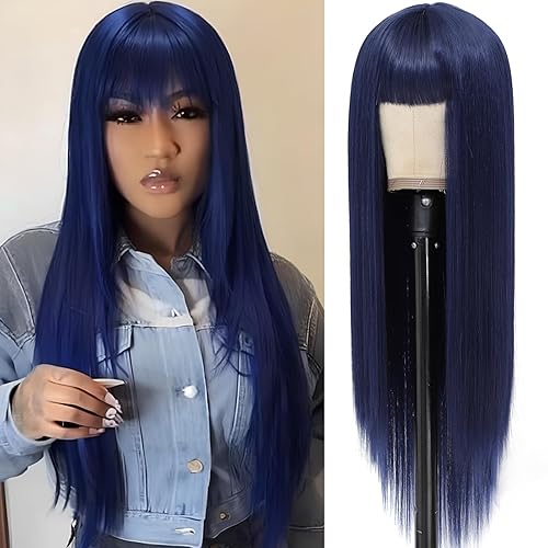 MINSEEYOO Dark Blue Wig with Bangs for Women Long Straight Wig Blue Hair Wigs Heat Resistant Synthetic Wigs - Blue