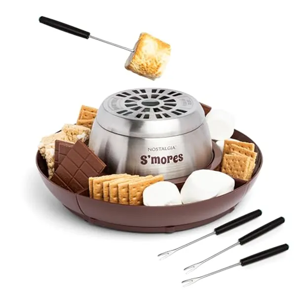Nostalgia Tabletop Indoor Electric S'mores Maker - Smores Kit With Marshmallow Roasting Sticks and 4 Tray Lazy Susan for Graham Crackers, Chocolate, and Marshmallows - Movie Night Supplies - Brown