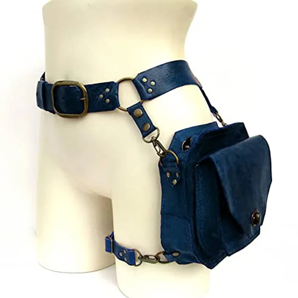 Medieval Steampunk Vintage Waist Belt Bag, Rock Leg Pouch with Adjustable Belt Loop and Zipper for Men Women Outdoor Travelling,Blue
