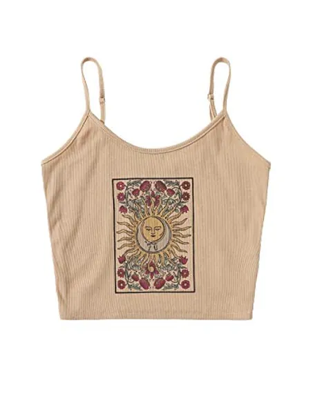 SOLY HUX Women's Spaghetti Strap Floral Sun Graphic Print Ribbed Knit Crop Cami Top