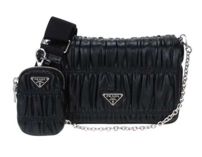 Prada Nappa Gaufre Small Shoulder Flap Bag with Small Pouch, Black, Black