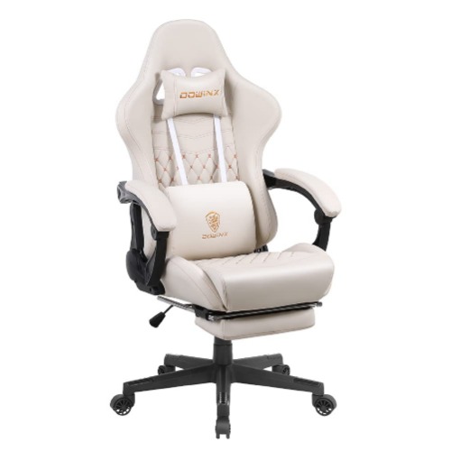 Dowinx Gaming Chair Office Desk Chair with Massage Lumbar Support, Vintage Style Armchair PU Leather E-Sports Gamer Chairs with Retractable Footrest Ivory
