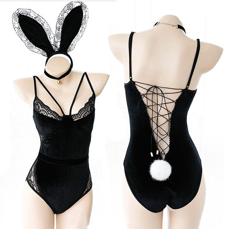 Bunny Outfit - Black with Lace / One Size
