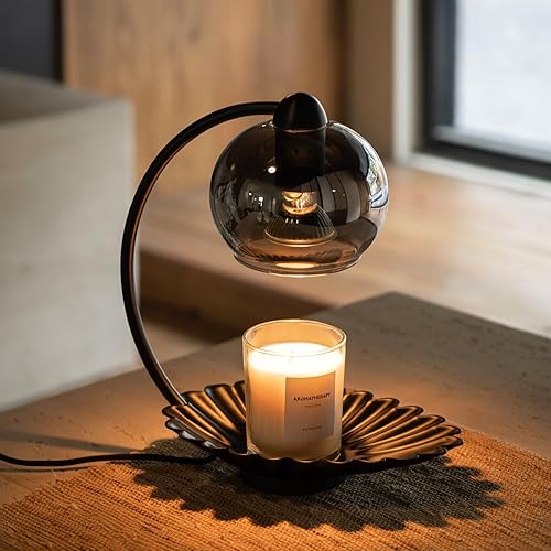 Candle Warmer Lamp with Timer & Stepless Dimmable, Electric Warmer Lamp for Jar Candles, Modern Black Wax Melt with Glass Lampshade & 2 Bulbs, Unique Decor House Warming Birthday Gifts for Her