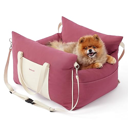 Lesure Small Dog Car Seat for Small Dogs - Waterproof Dog Booster Seat for Car with Storage Pockets and Clip-On Safety Leash and Thickened Memory Foam Filling, Pet Travel Carrier Bed Rose Red - Rose Pink