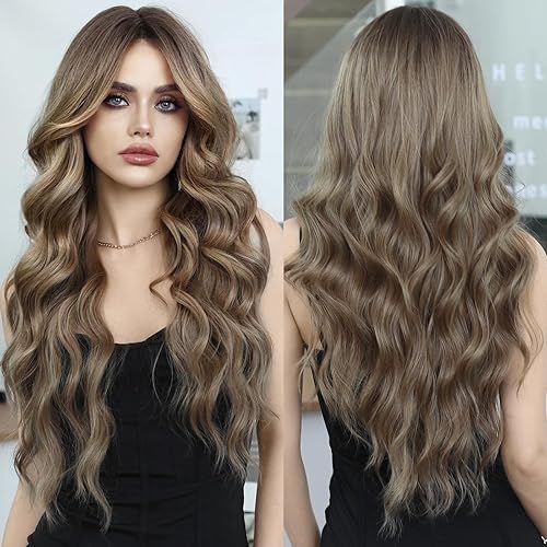 PARK YUN Long Wavy Light Brown Wigs With Bangs 26 Inch Ombre Dirty Blonde Curtain Bangs Synthetic Heat Resistant Wig With Dark Roots Natural Dark Blonde Brown Brunette Wigs For Women - 26 Inch - Brown Blonde