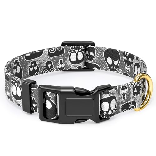 Rnivvi Dog Collar, Adjustable Dog Collar for Large Dogs, Cute Puppy Collar for Boy and Girl Dogs, Soft Pet Collars with Quick Release Buckle for Walking Running, Black Skull Collar - Black Skull - L (Neck 16-24", Width 1")