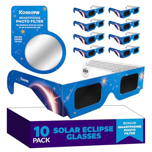 Solar Eclipse Glasses Approved 2024, (10 Pack) CE and ISO Certified Solar Eclipse Observation Glasses, Safe Shades for Direct Sun Viewing, Bonus Smartphone Photo Filter Lens, Blue Stars Design - 10 Pack - Blue Stars Design