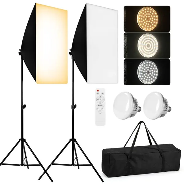 2 Softbox Kit Iluminacion Fotografía 50×70cm, Estudio LED luz Fotográfico Set 3000K-6000K Temperatura Regulable y Control Remoto, para Fotos, Retratos, Vídeos y Transmisión en Vivo