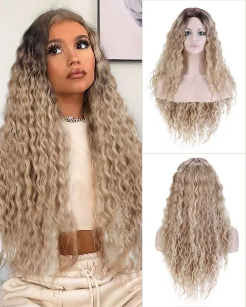 Pelucas Mujer Pelo Natural Largo Rizado, Marrón Ombre Dorado 26 Pulgada Precio Peluca Pelo Natural para Cosplay Anime Halloween