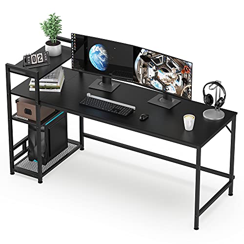 HOMIDEC Desk, 160x60cm Computer Desk with Bookshelf, 110cm Height Study Computer Laptop Table with 4 Tier DIY Storage Shelves Writing Table for Home Office Bedroom - Black - 160 x 60 x 110cm