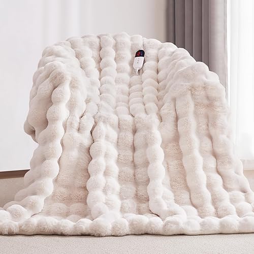Anysay Heated Blanket Throw with 6 Hours Auto-Off 10 Heat Level, 62'' * 84'' Cozy Faux Rabbit Fur Bubble Electric Blanket with Overheat Protection, Soft Fast Heating Blanket with ETL (White) - White - 62''*84''