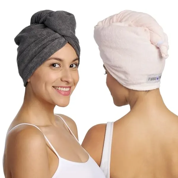 Turbie Twist Microfiber Hair Towel Wrap - The Original Quick Dry, Anti-Frizz Turban Towel for Thick, Long, and Curly Hair - Bathroom Essential for Women, Men, and Kids - Grey, Light Pink - 2 Pack